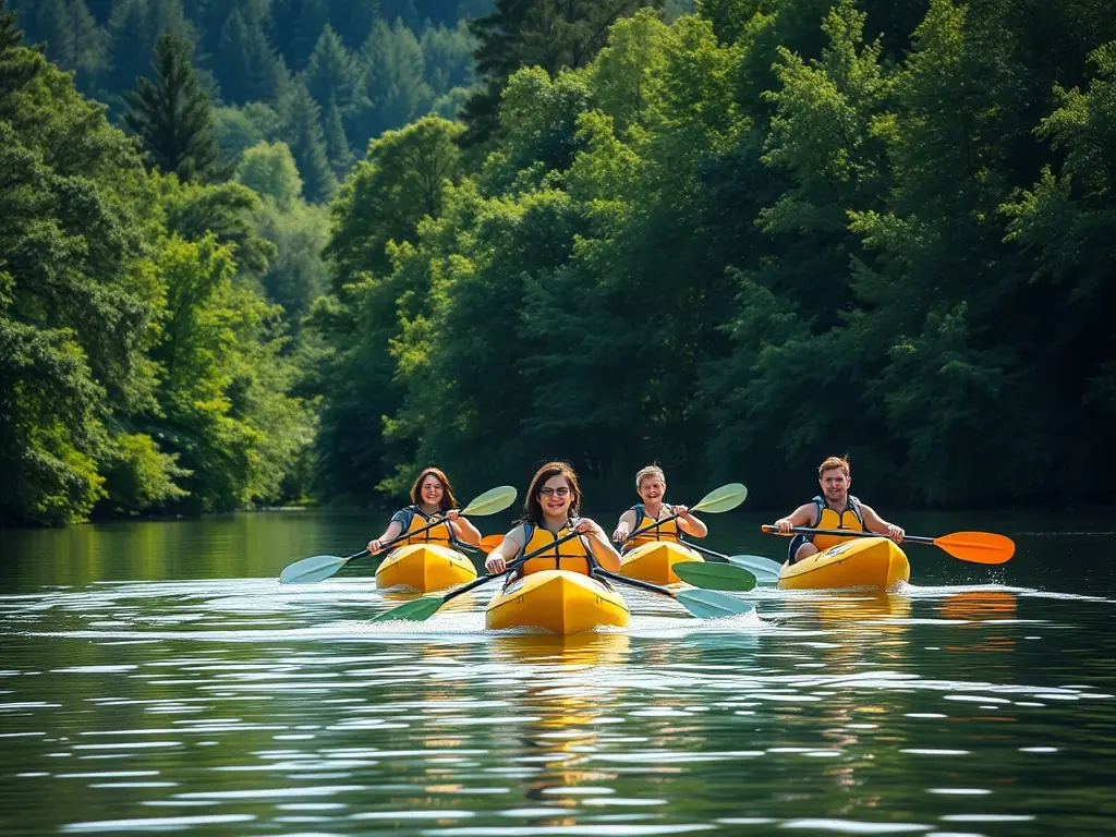 A vibrant photo of club members laughing and paddling together on a sunny day, showcasing the fun and camaraderie of CCG CANOE CLUB DE GUISE.