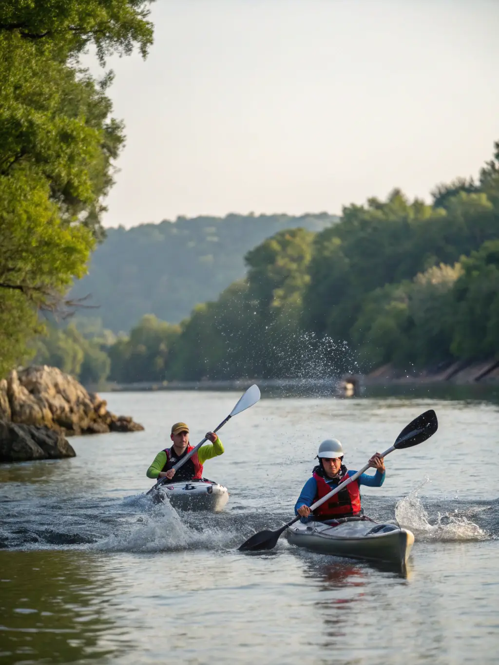 An instructor demonstrating proper kayaking techniques to a group of beginners, highlighting the club's focus on skill development.