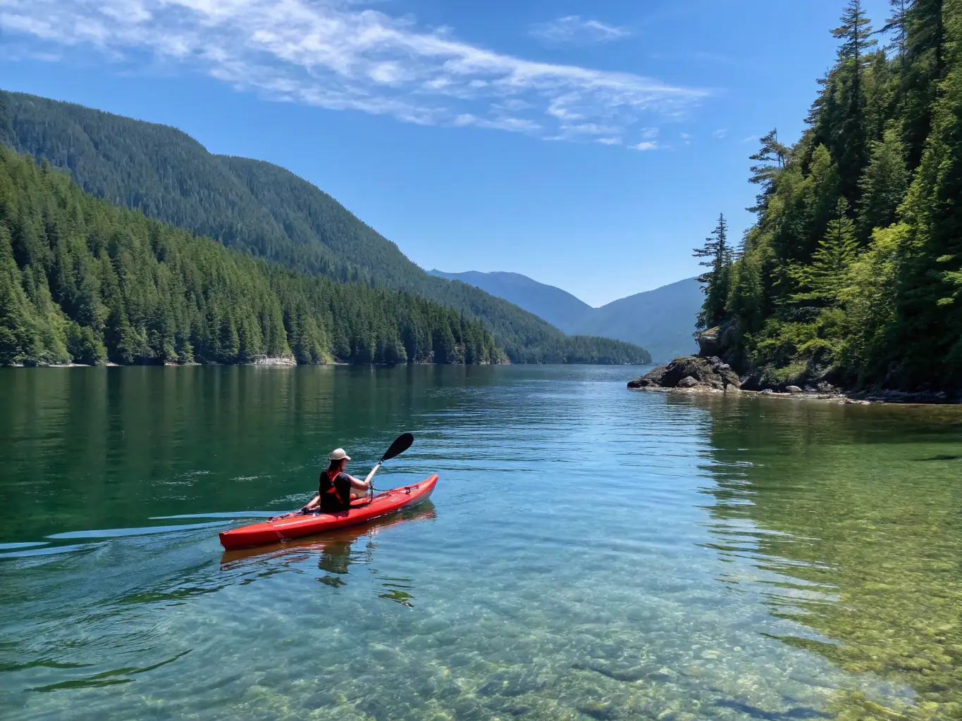 A scenic shot of a lone kayaker gliding across a tranquil lake at sunset, emphasizing the peace and serenity of paddling with CCG CANOE CLUB DE GUISE.