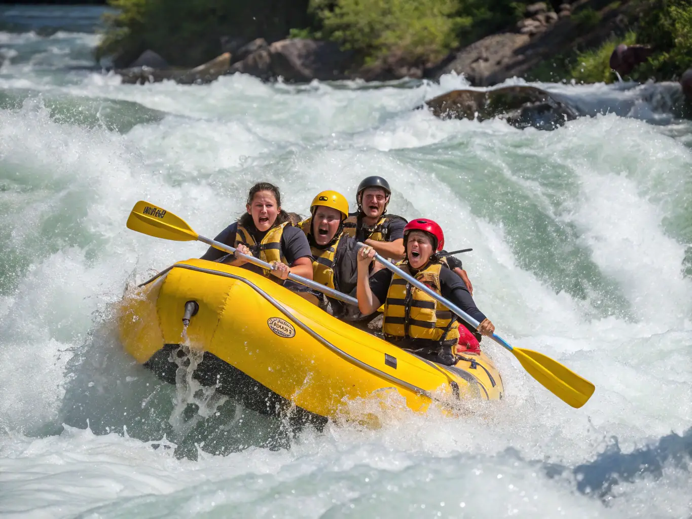 An action shot of experienced canoeists navigating through a challenging rapid, demonstrating the skill and excitement of advanced paddling.