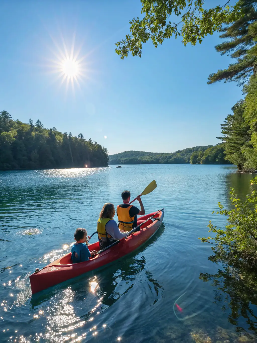 A group of kayakers paddling in unison on a calm river, reflecting the club's commitment to teamwork and participation.