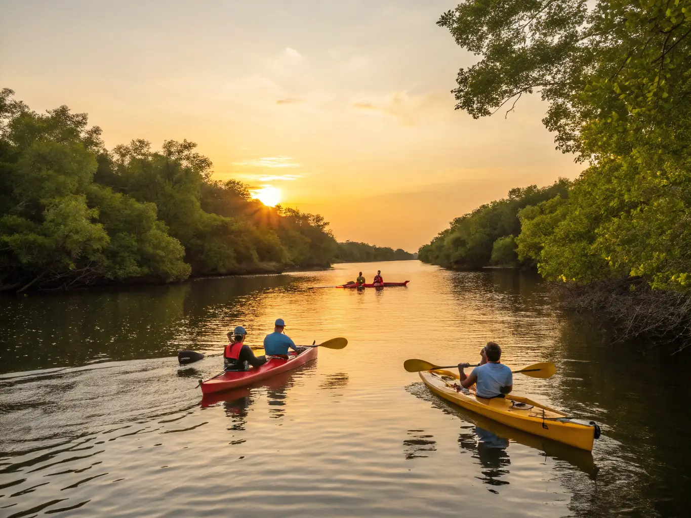 A vibrant image showcasing a group of kayakers paddling down a scenic river, surrounded by lush greenery and clear blue skies, reflecting the joy and camaraderie of the sport.