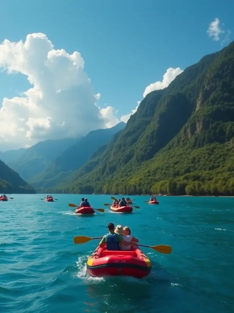A group of kayakers paddling down a calm river, surrounded by lush greenery, showcasing the scenic beauty of the CCG Canoe Club de Guise's kayaking tours.