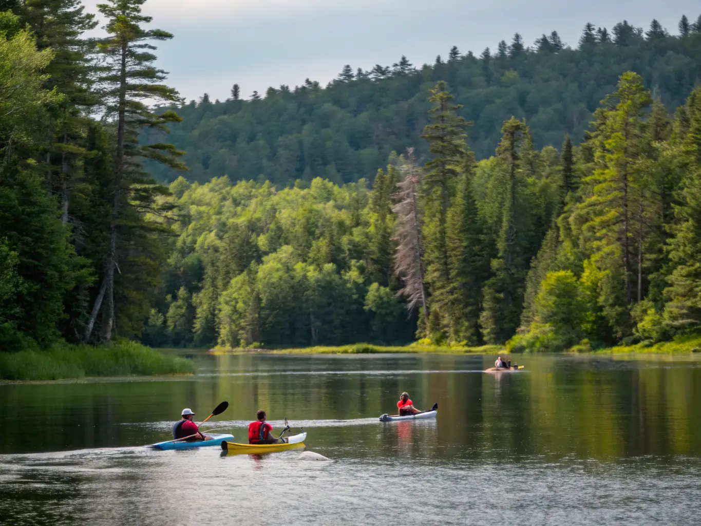 A serene image of participants engaged in a guided canoe tour on a calm lake, emphasizing the environmental awareness and appreciation for nature.